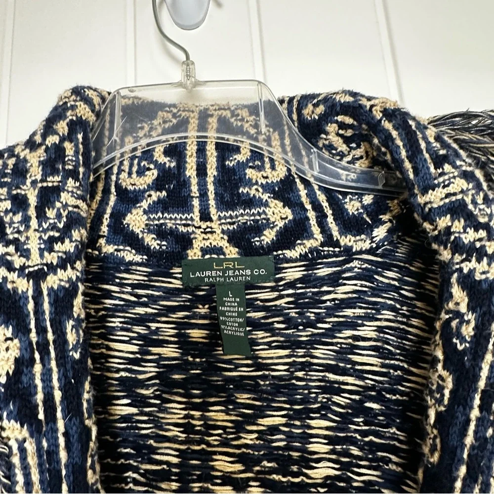 Ralph Lauren Women's Jacquard Nautical Blue Fringe Cardigan/Jacket- Size Large - Picture 4 of 13